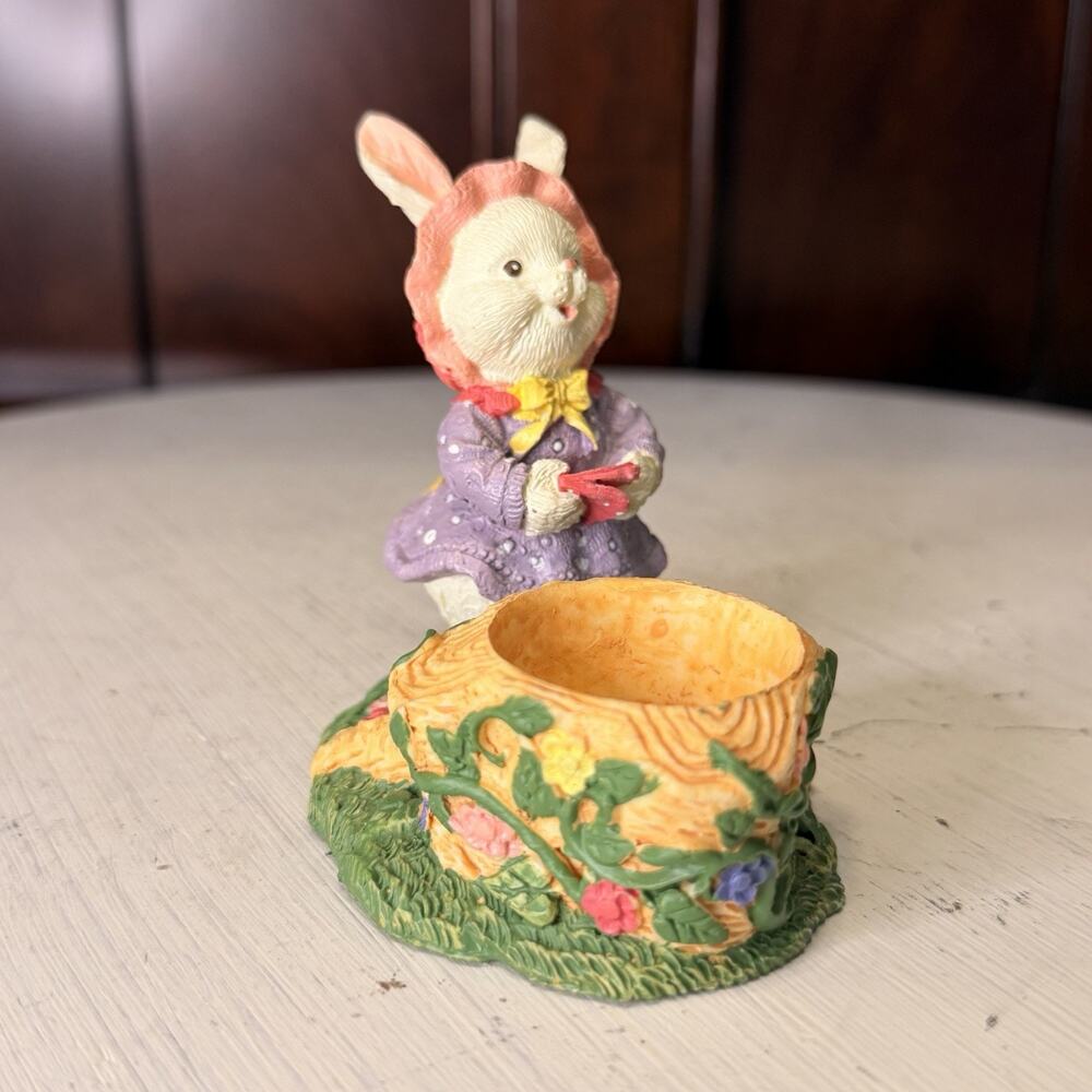 1990s Girl Easter Bunny With Pink Bonnet And Tree Stump Candle Holder Resin